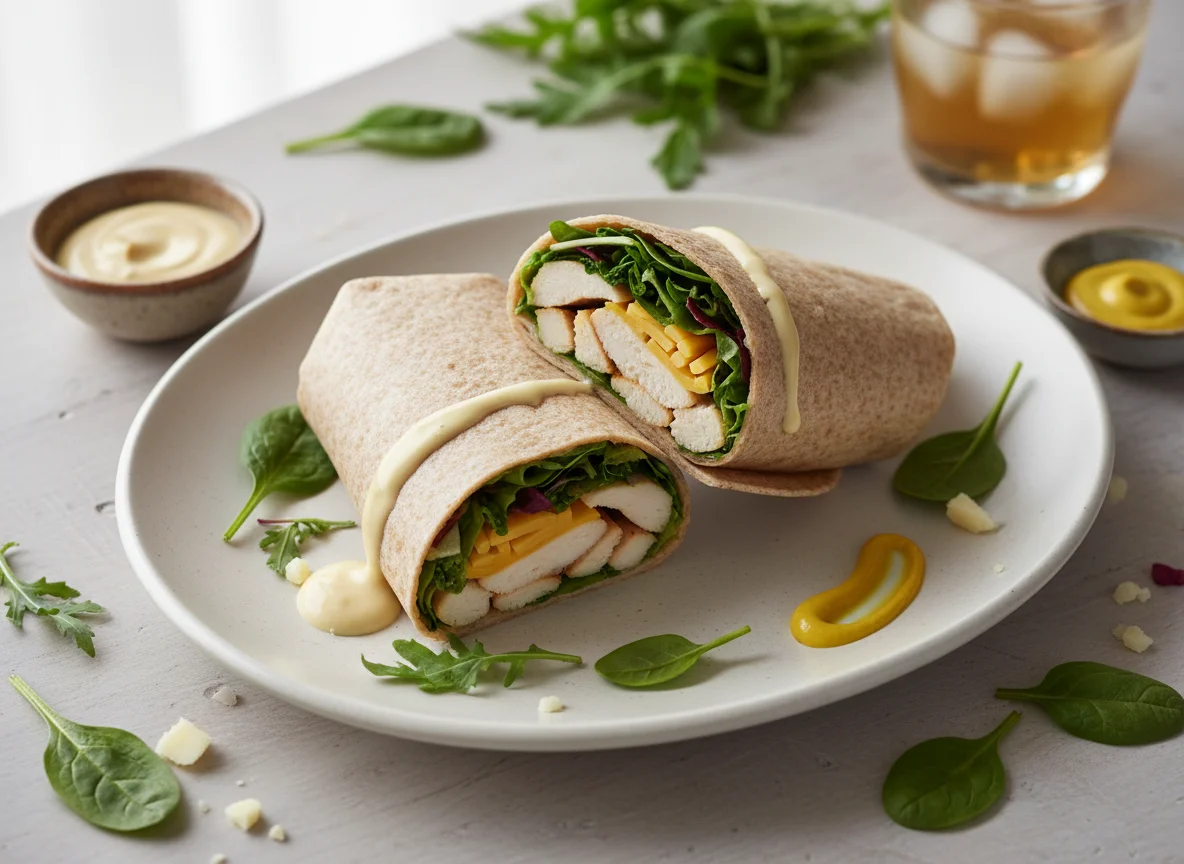 Chicken and Cheese Wrap with Mixed Greens and Sauces photo