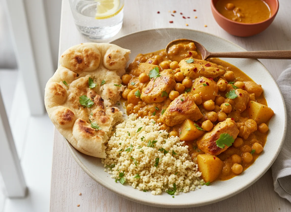 Chicken and Chickpea Curry with Couscous and Naan photo