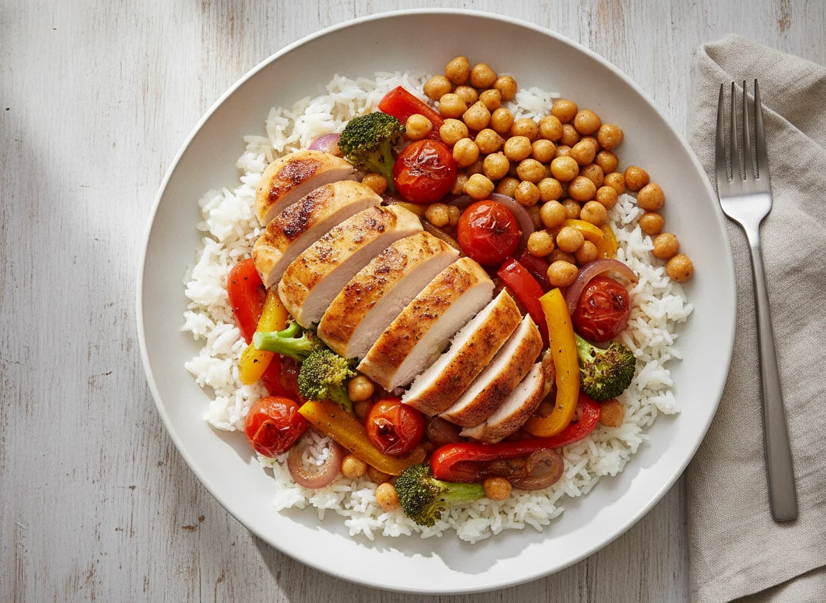 Chicken and Chickpea Rice Bowl with Roasted Vegetables photo