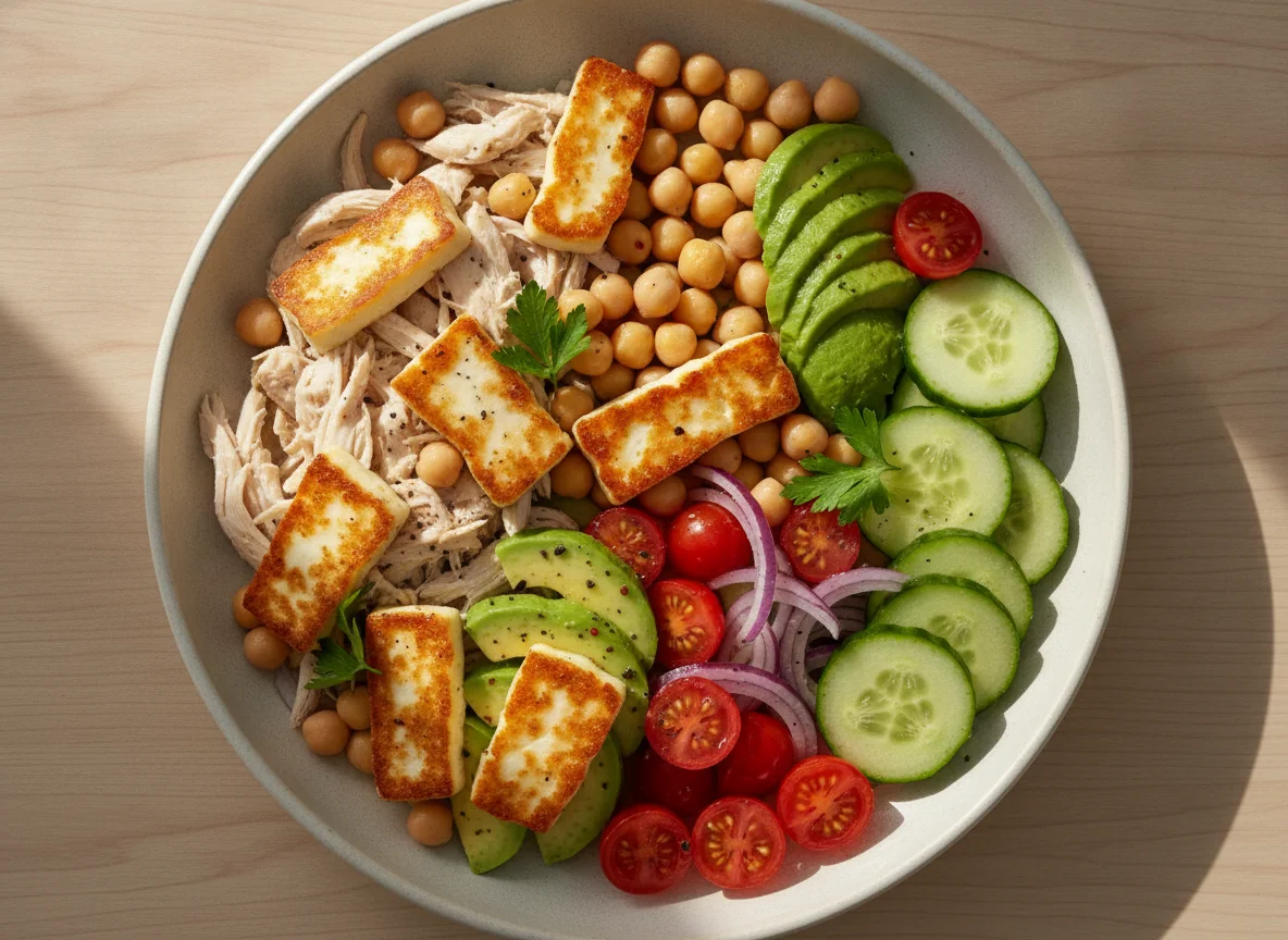 Chicken and Chickpea Salad with Fried Halloumi photo