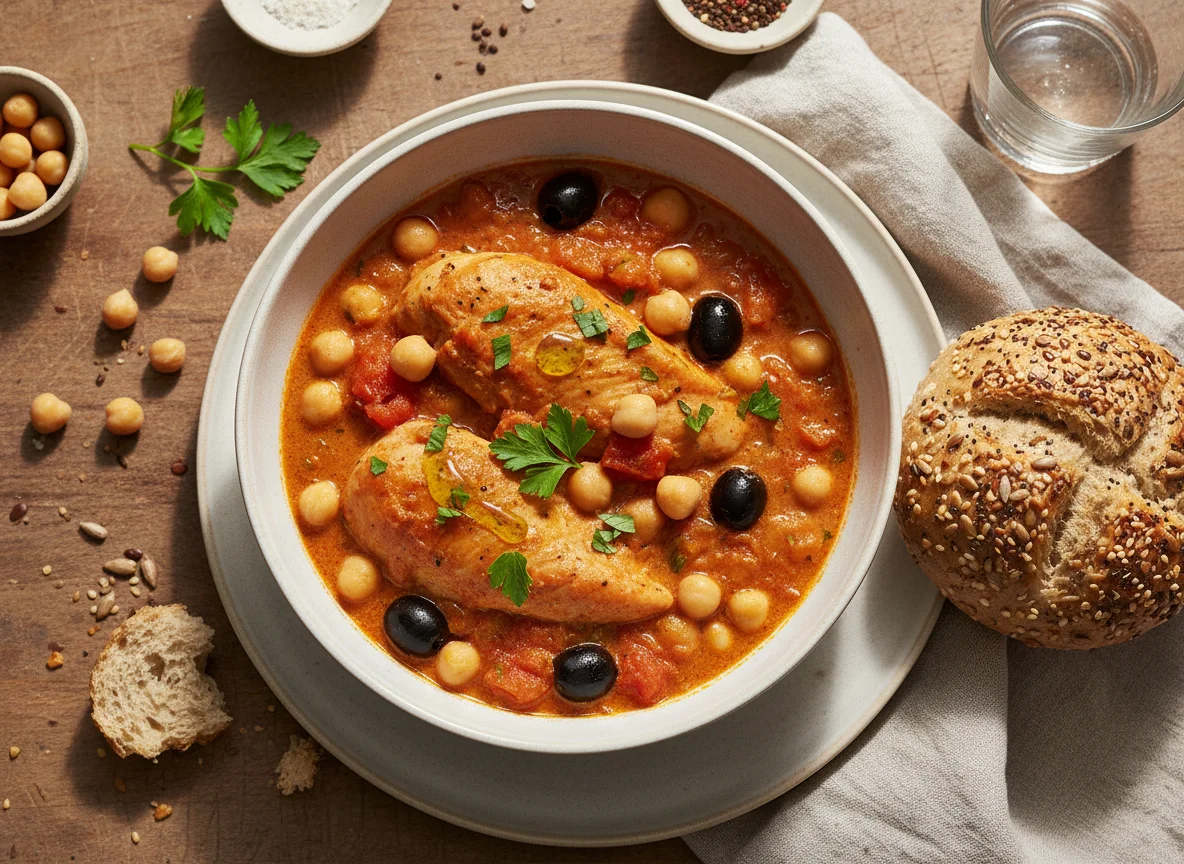 Chicken and Chickpea Stew with Seeded Bread Roll photo