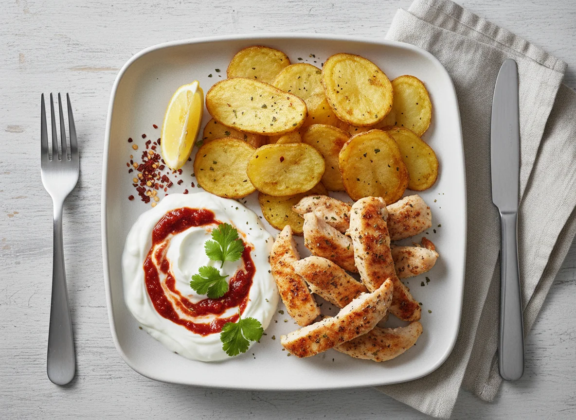 Chicken and Chips with Garlic Yogurt and Chilli Sauce photo