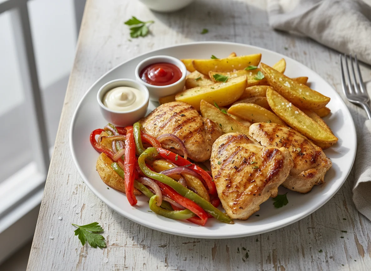 Chicken and Chips with Peppers and Onions photo