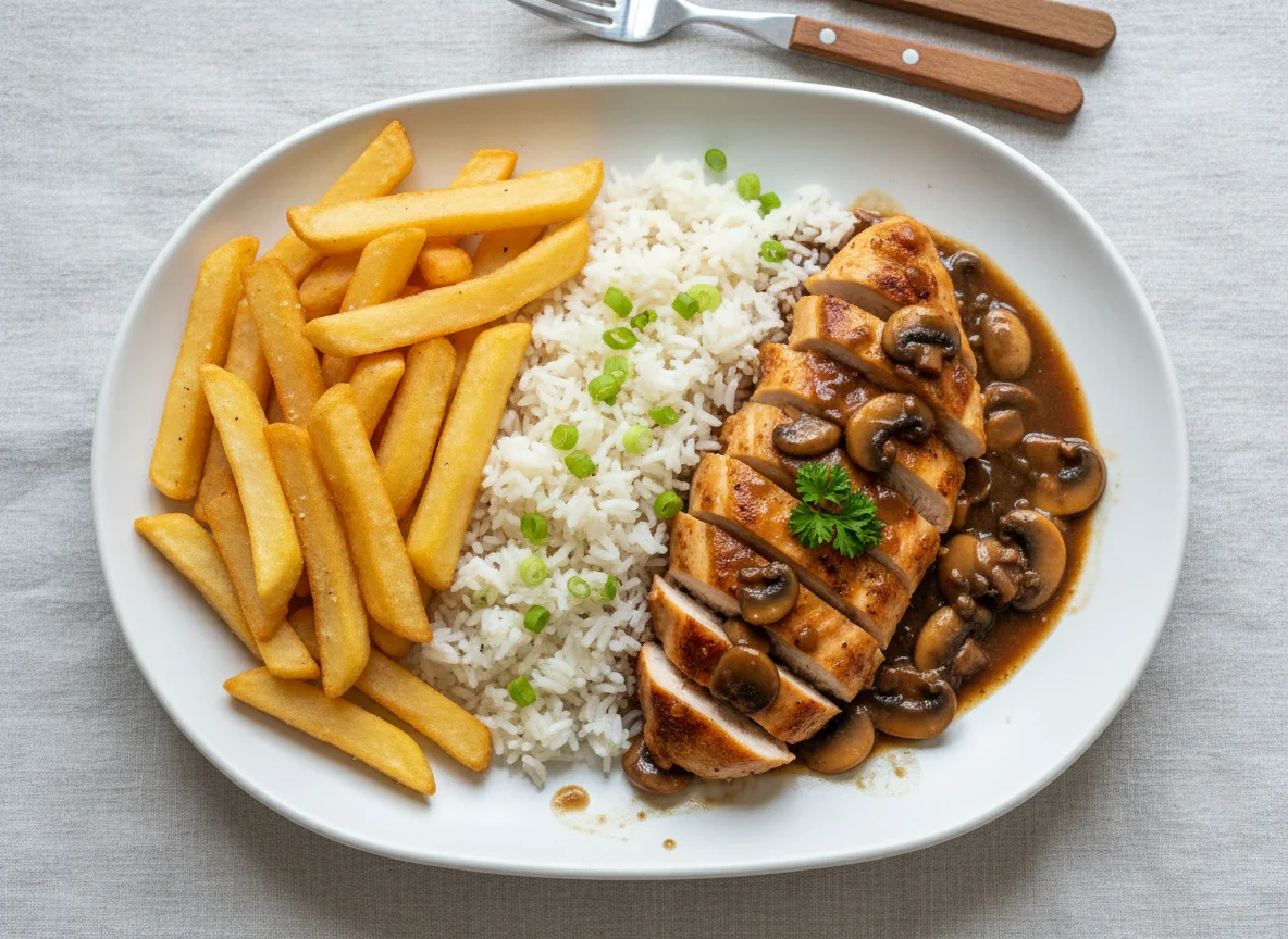 Chicken and Chips with Rice and Sauce photo