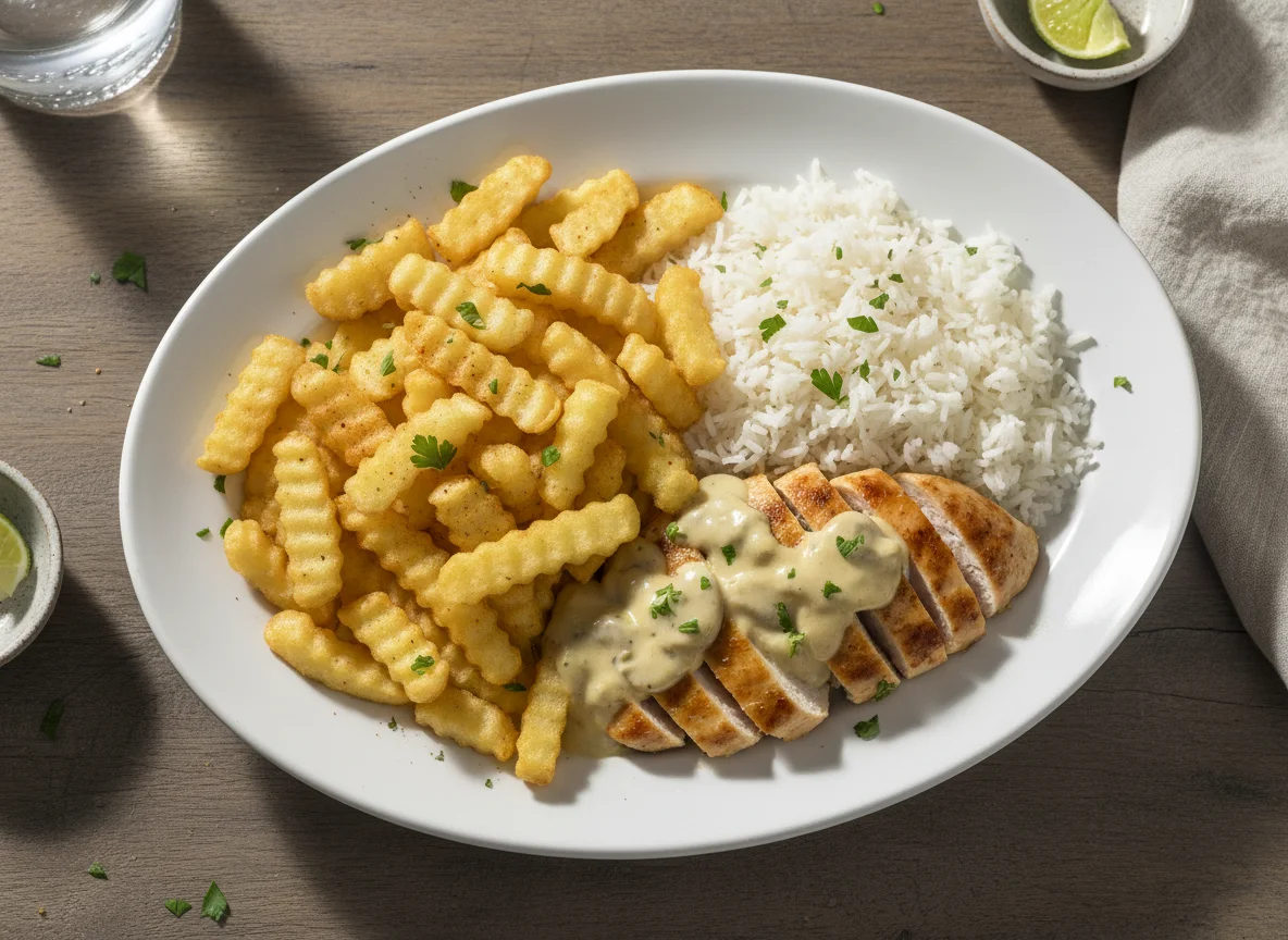 Chicken and Chips with Sauce and Rice photo