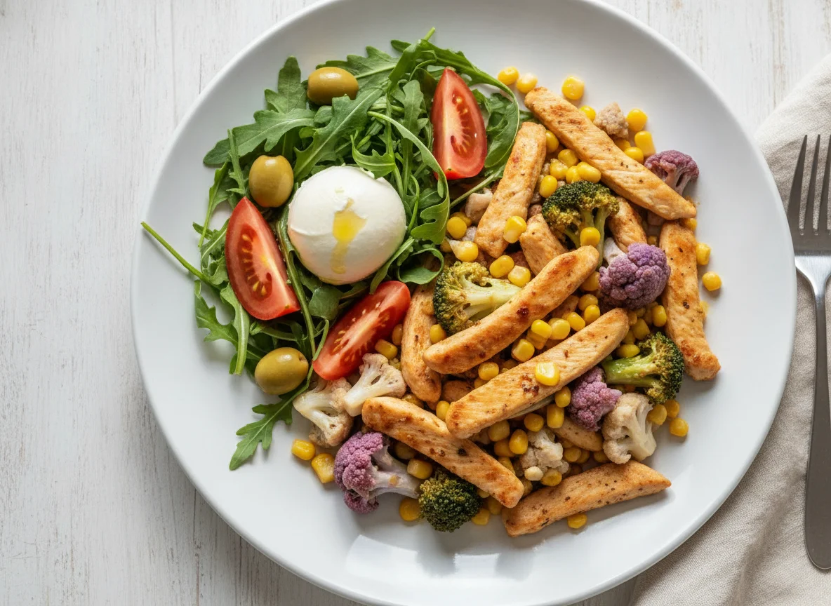Chicken and Corn Stir-fry with Mixed Vegetables and Salad photo