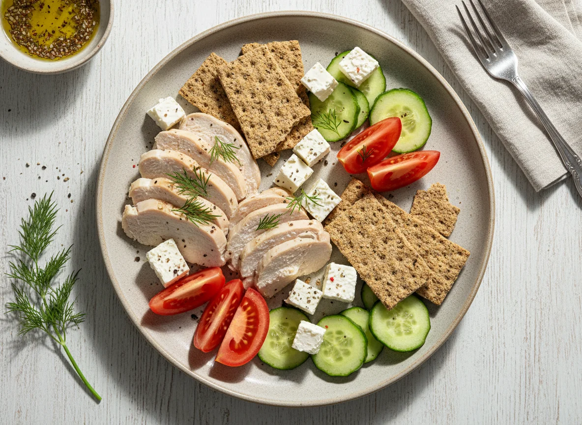 Chicken and Crispbread Plate with Vegetables and Feta photo