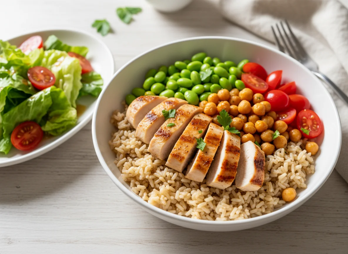 Chicken and Edamame Rice Bowl with Side Salad photo