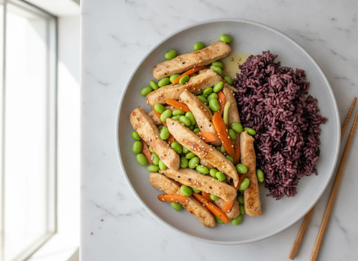 Chicken and Edamame Stir-fry with Purple Rice photo