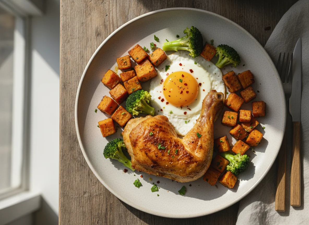 Chicken and Egg Breakfast with Sweet Potato and Broccoli photo
