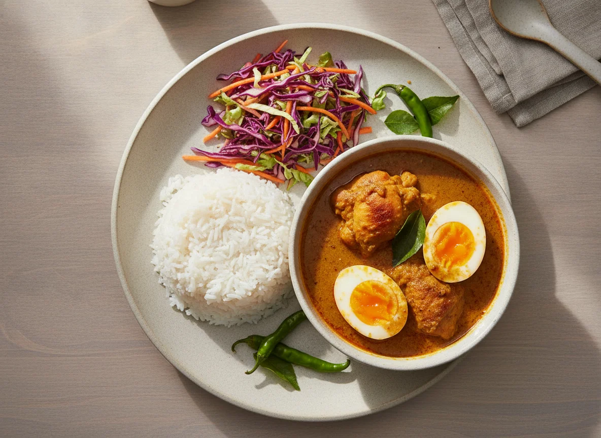 Chicken and Egg Curry with Rice and Cabbage Salad photo