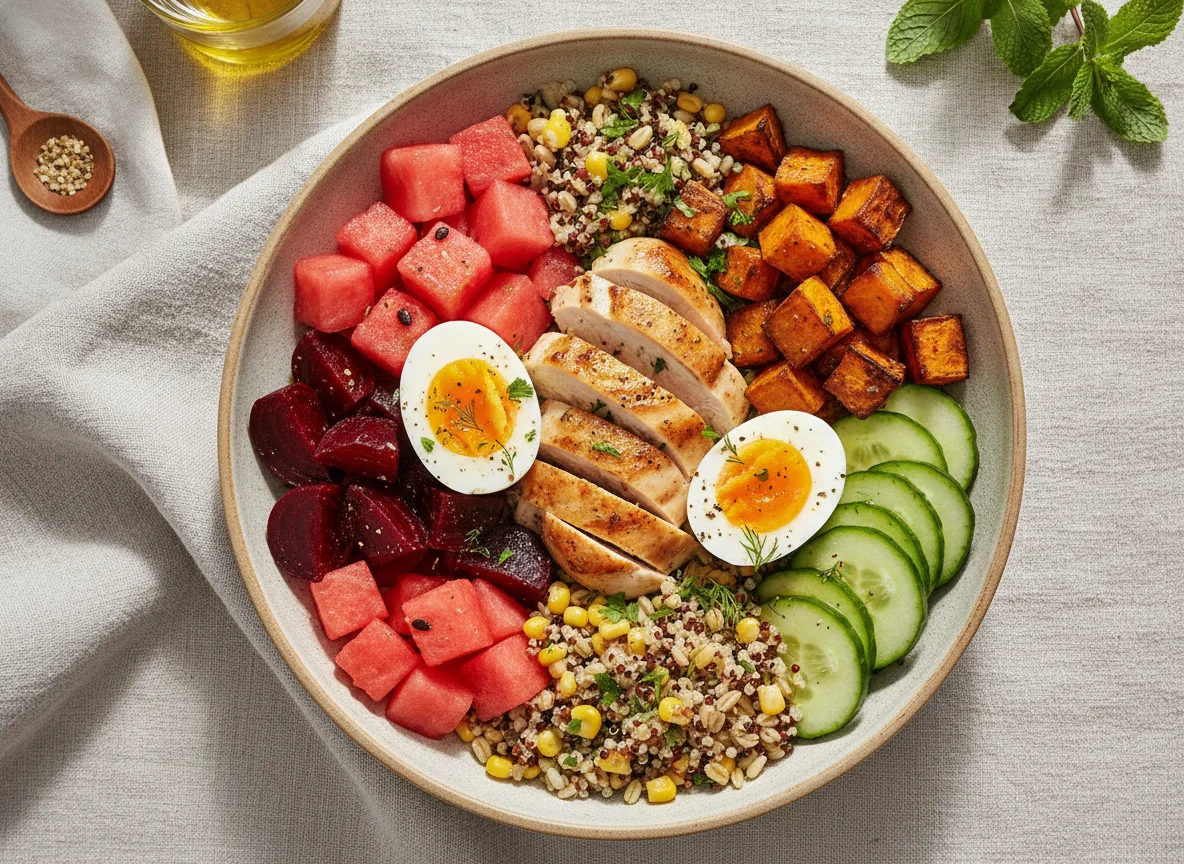 Chicken and Egg Salad Bowl with Roasted Vegetables and Watermelon photo