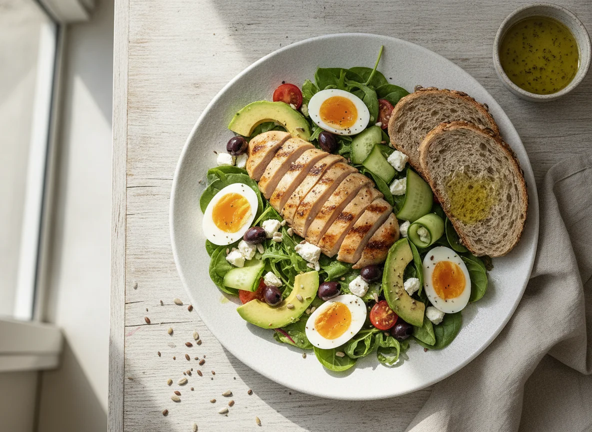 Chicken and Egg Salad with Avocado and Bread photo
