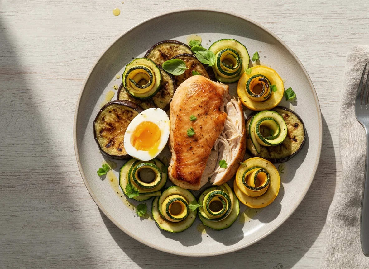 Chicken and Egg with Grilled Eggplant and Squash photo