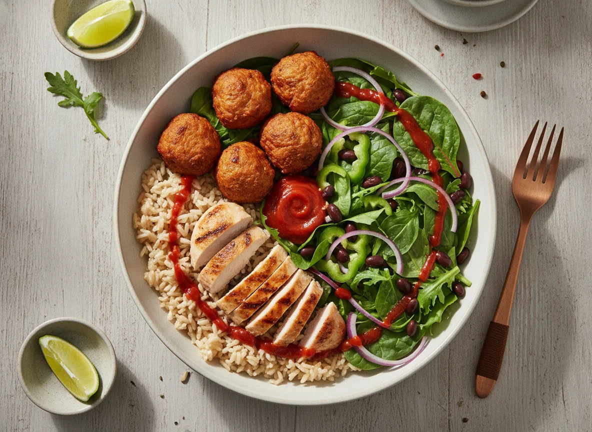 Chicken and Fish Ball Salad Bowl with Rice photo