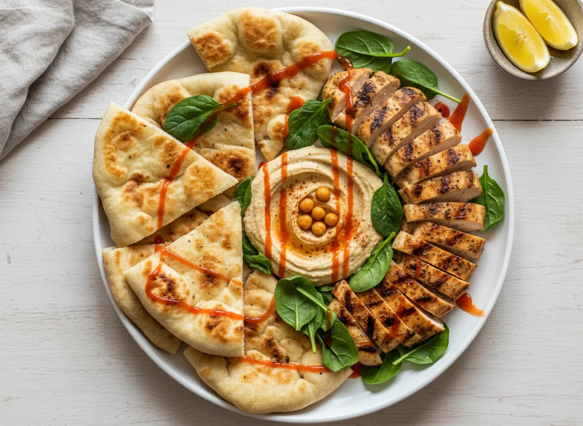 Chicken and Flatbread with Hummus and Spinach photo