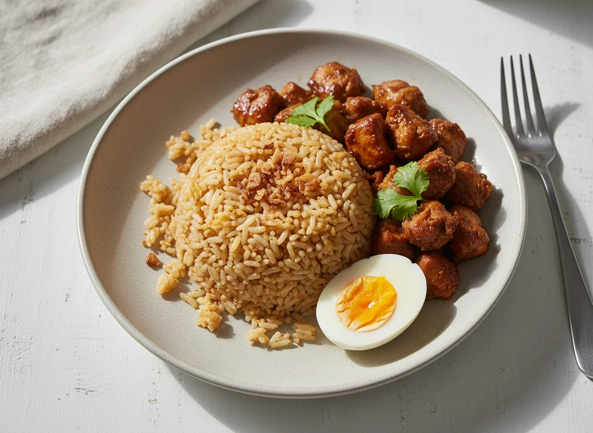 Chicken and Garlic Rice with Boiled Egg photo