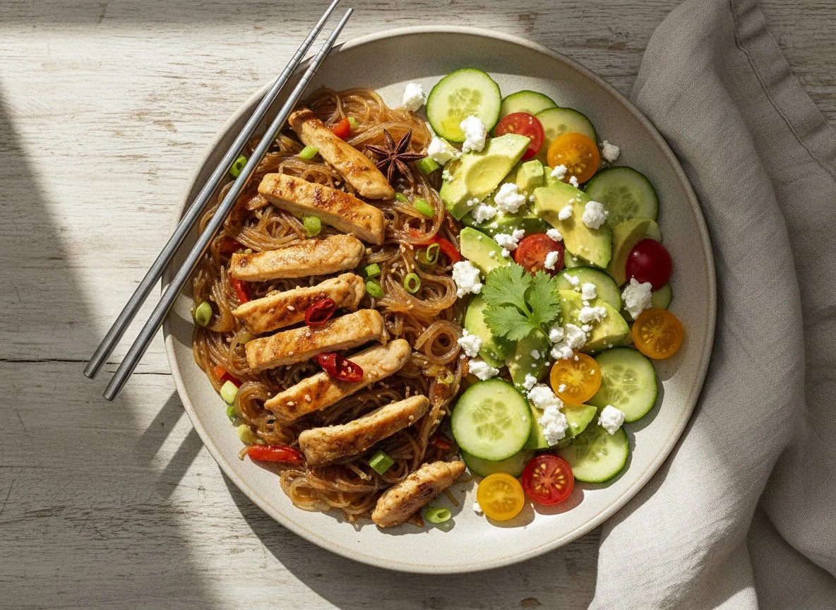 Chicken and Glass Noodle Stir-fry with Avocado Salad photo
