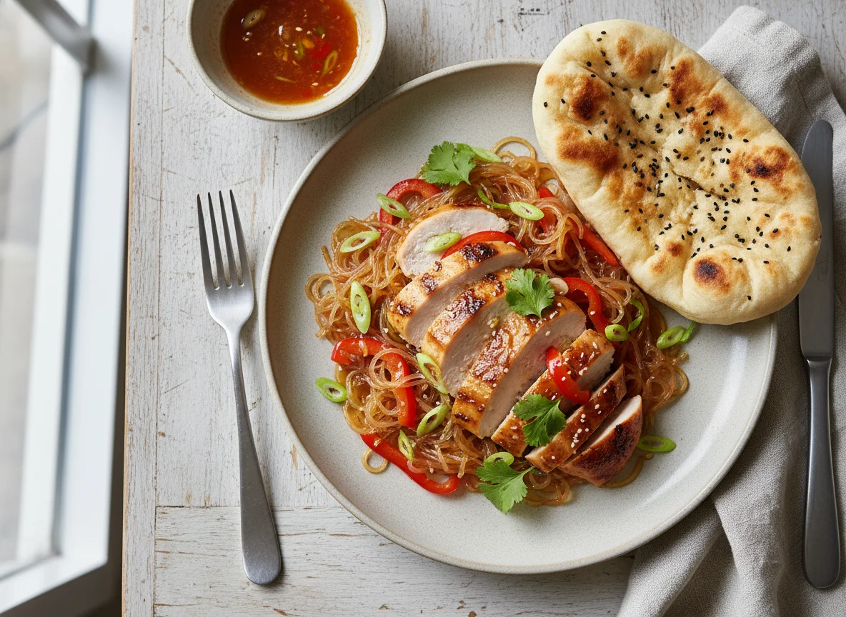 Chicken and glass noodles with flatbread photo