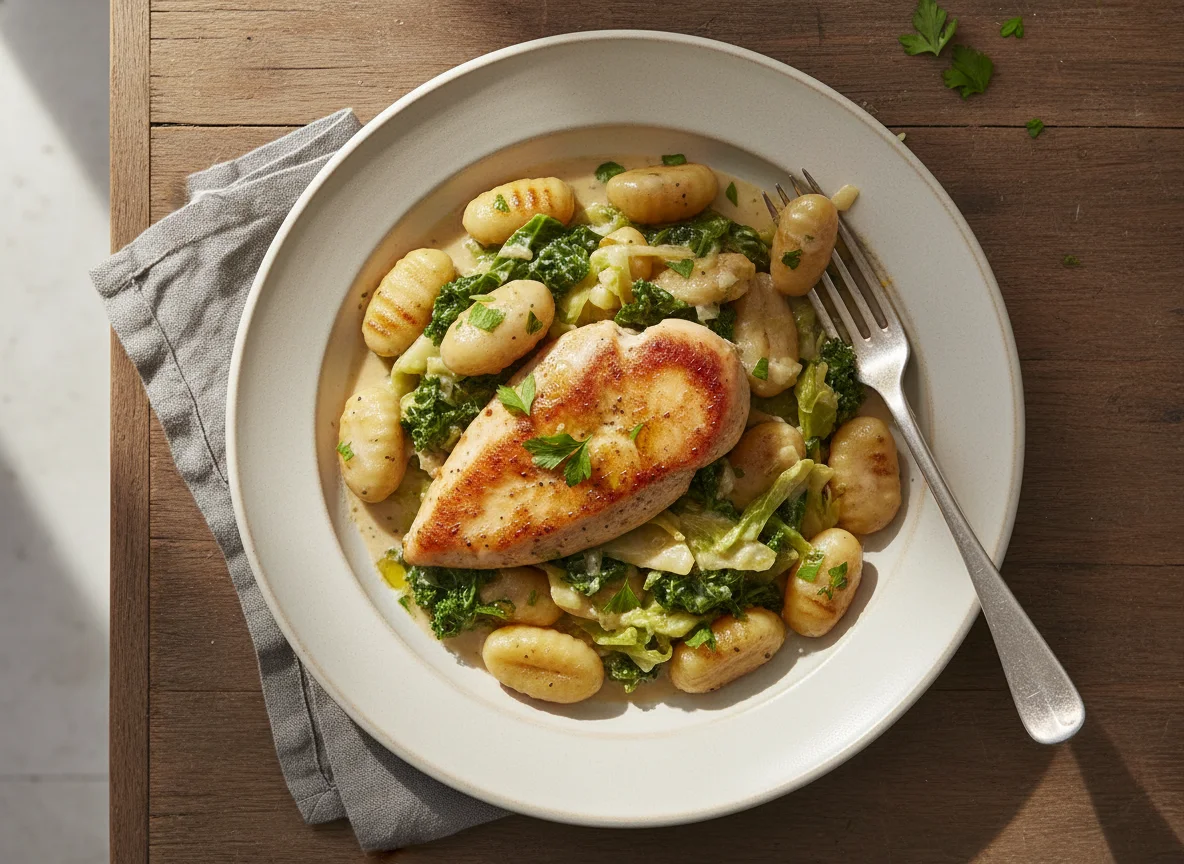 Chicken and Gnocchi with Creamy Sauce and Greens photo