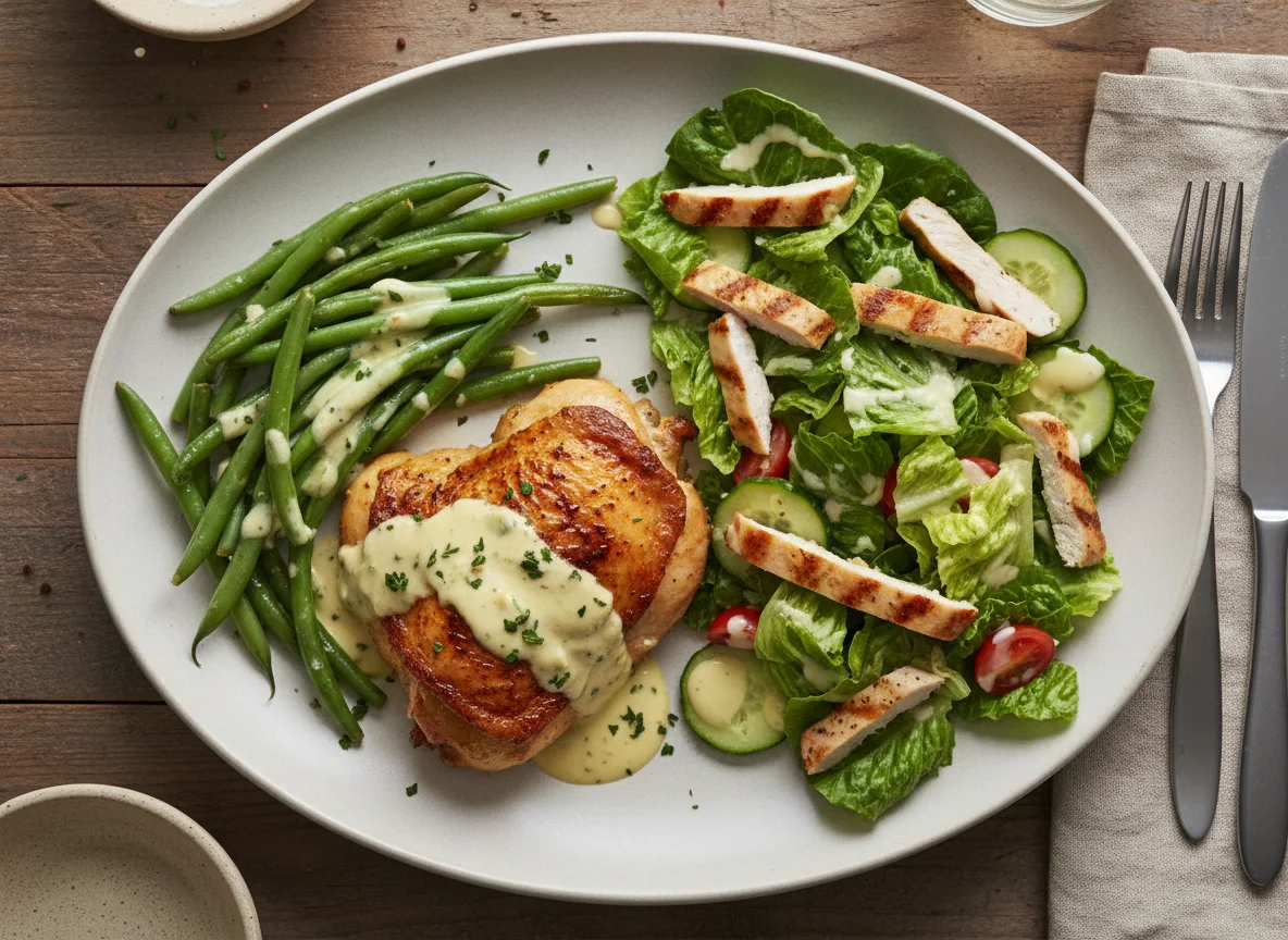 Chicken and Green Bean Meal with Side Salad photo