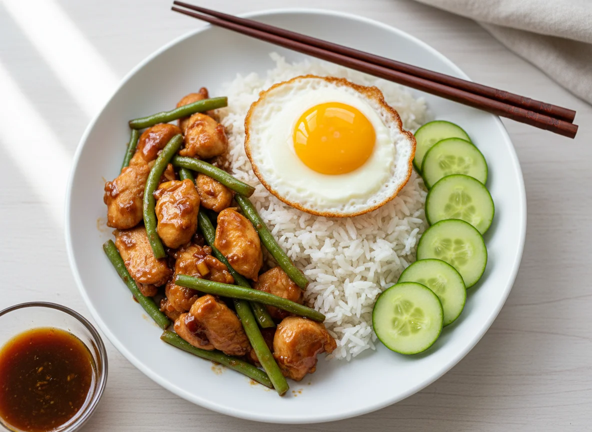 Chicken and Green Bean Stir-fry with Rice and Fried Egg photo