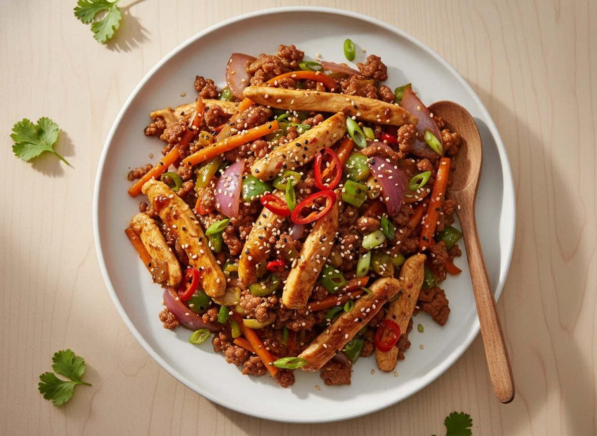 Chicken and Ground Meat Stir-fry photo