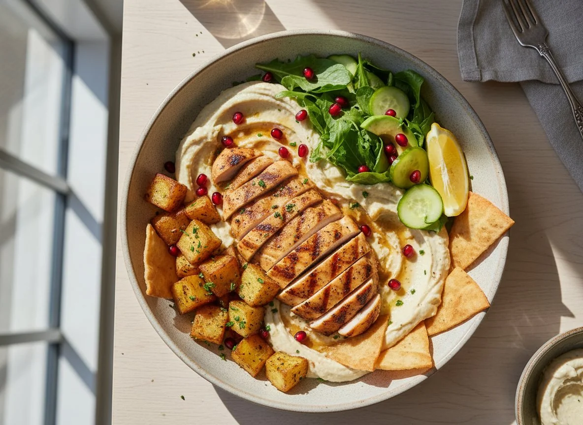 Chicken and Hummus Bowl with Roasted Potatoes and Salad photo
