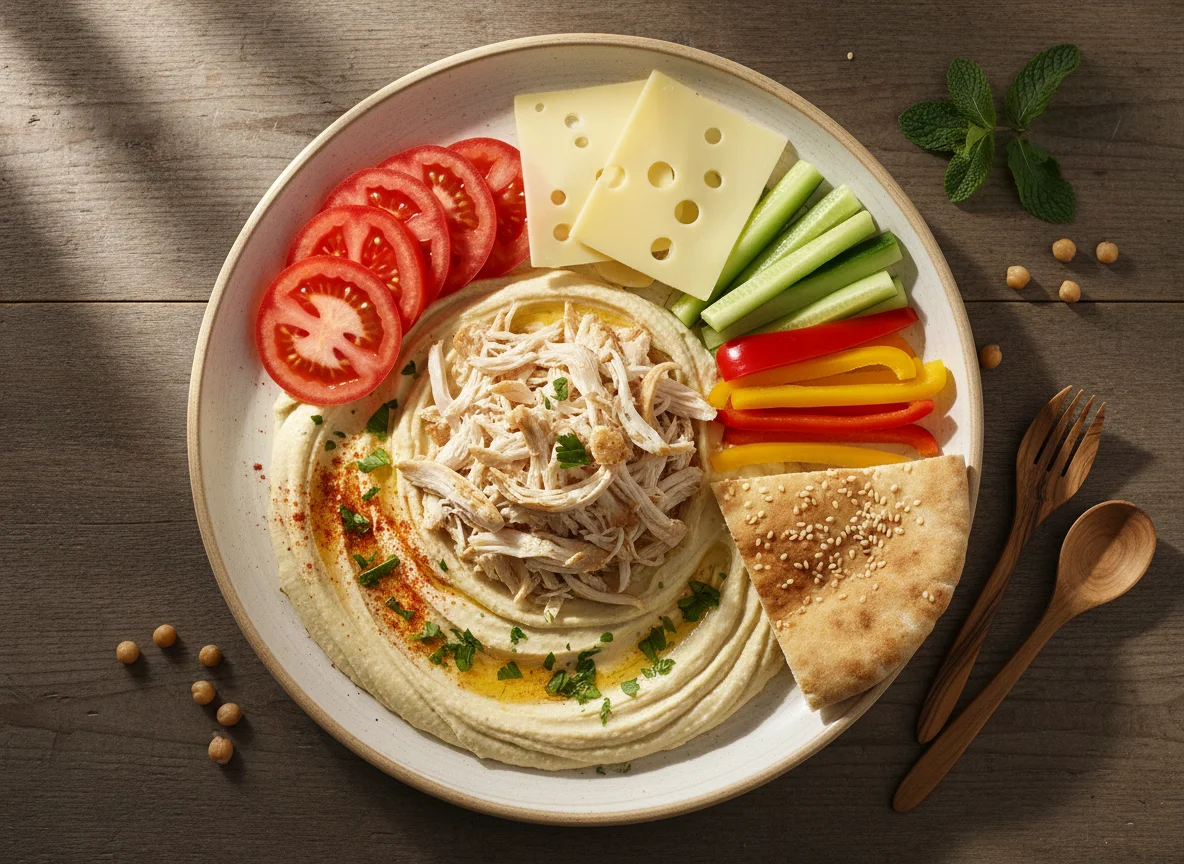 Chicken and Hummus Plate with Vegetables and Cheese photo