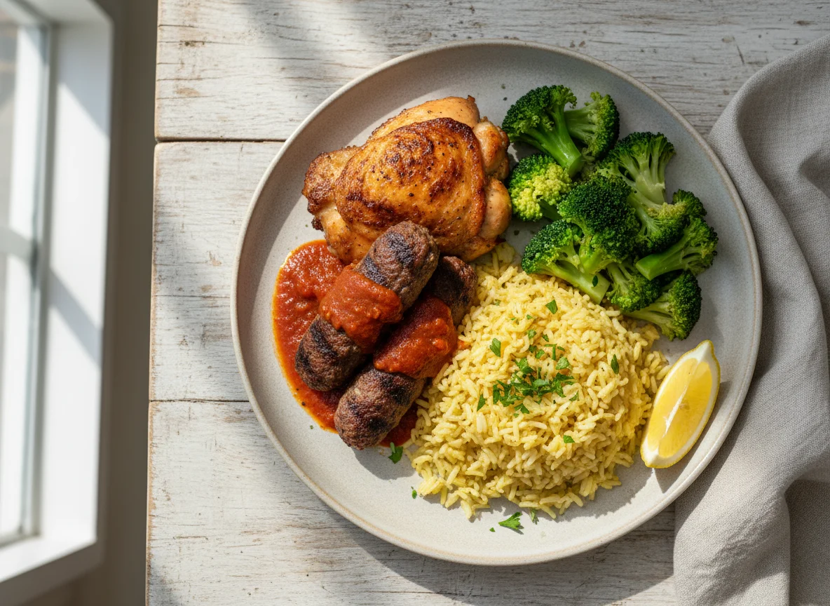 Chicken and Kofta with Rice and Broccoli photo