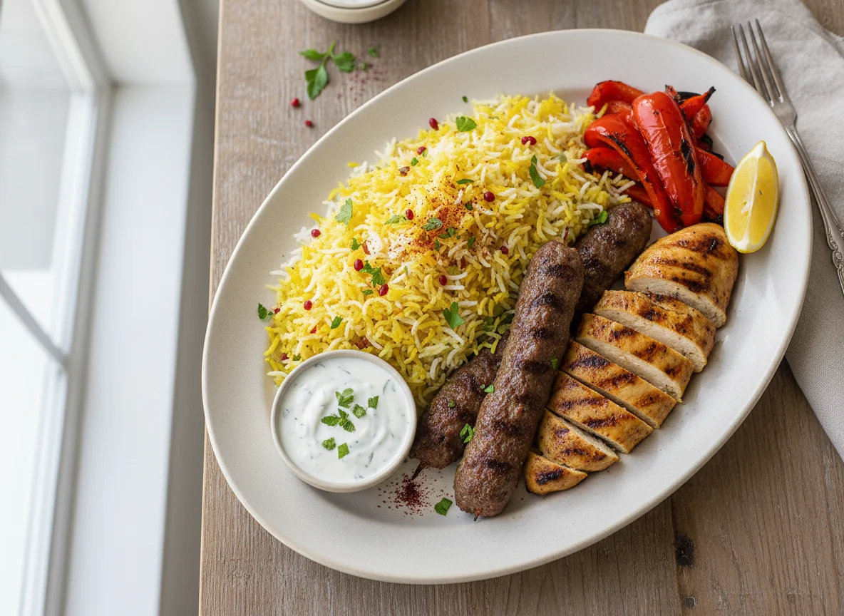 Chicken and Koobideh Kabob with Saffron Rice and Roasted Peppers photo