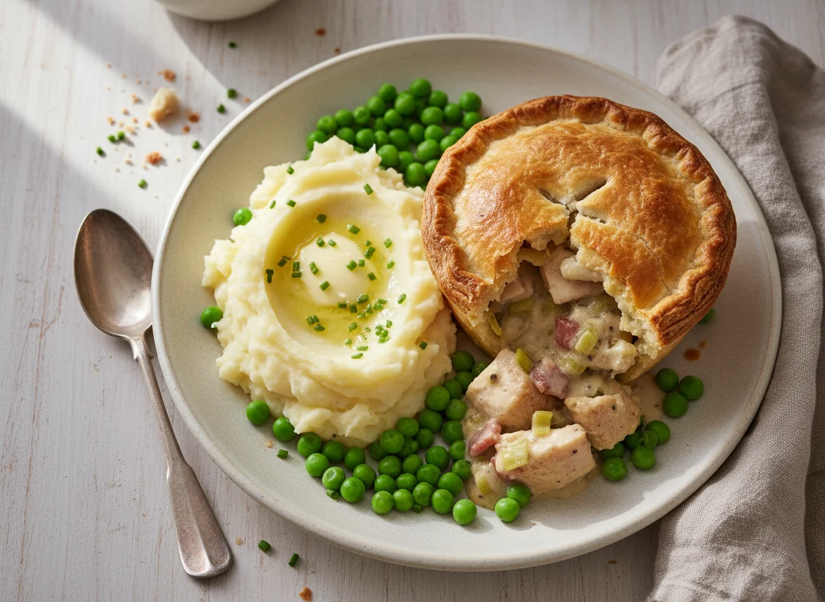Chicken and Leek Pie with Mashed Potato and Peas photo