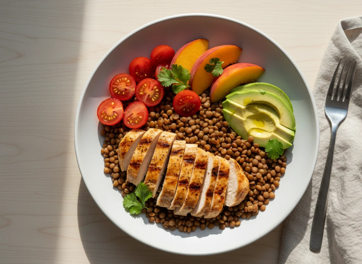 Chicken and Lentil Bowl with Avocado and Fruit photo