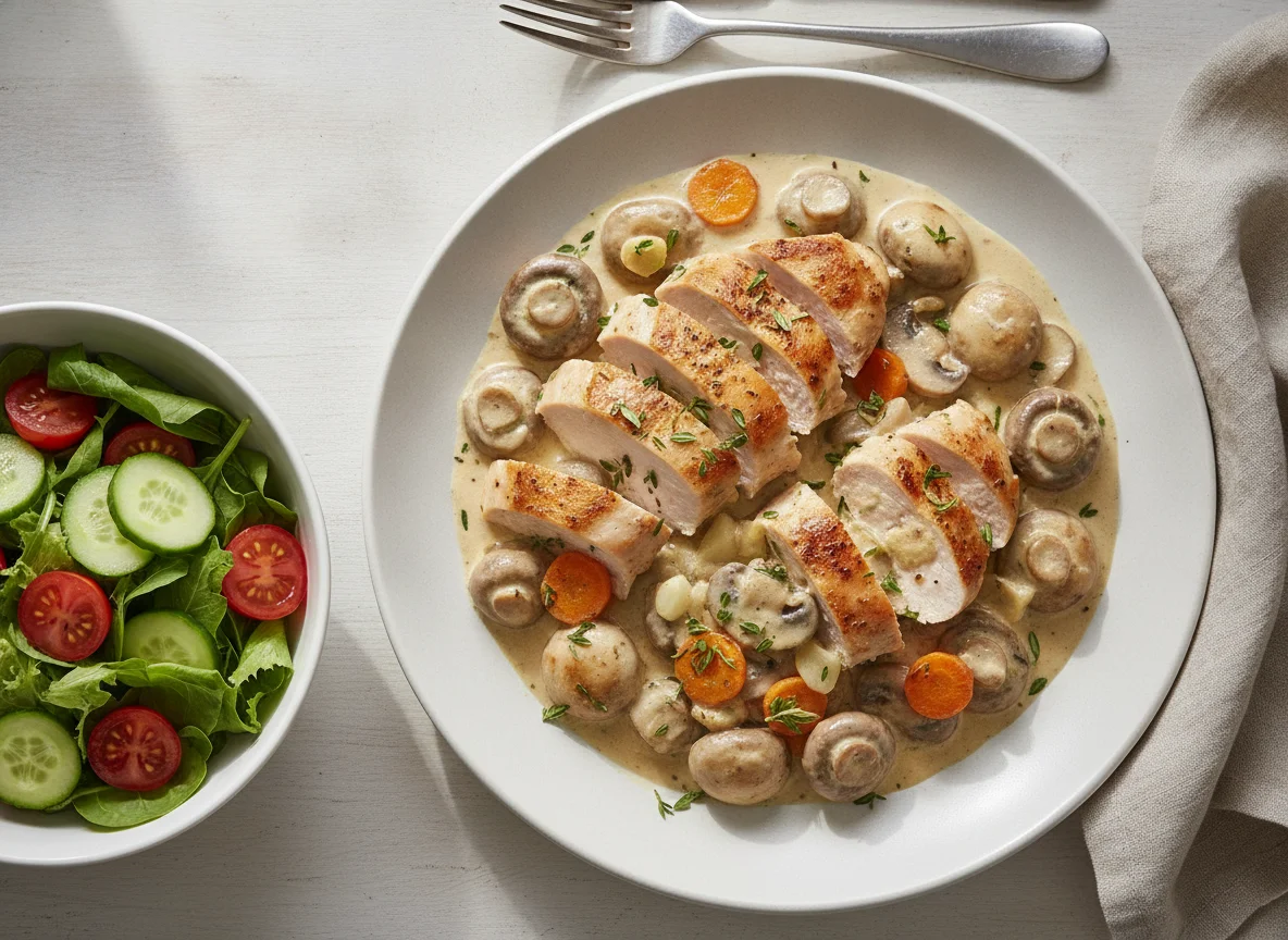 Chicken and Mushroom Creamy Dish with Salad photo