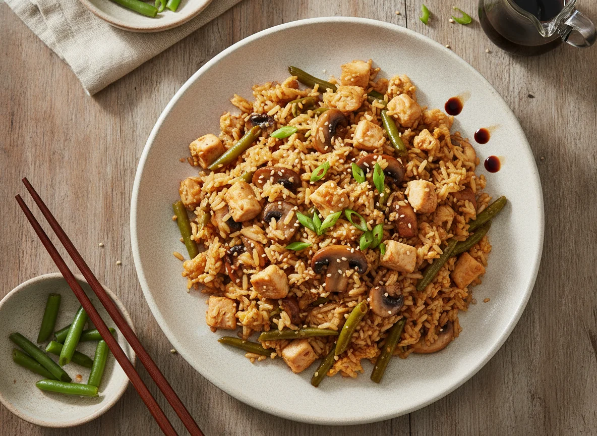 Chicken and Mushroom Fried Rice with Green Beans photo