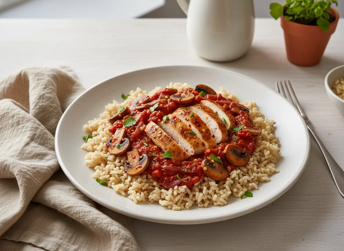 Chicken and Mushroom in Tomato Sauce with Rice photo