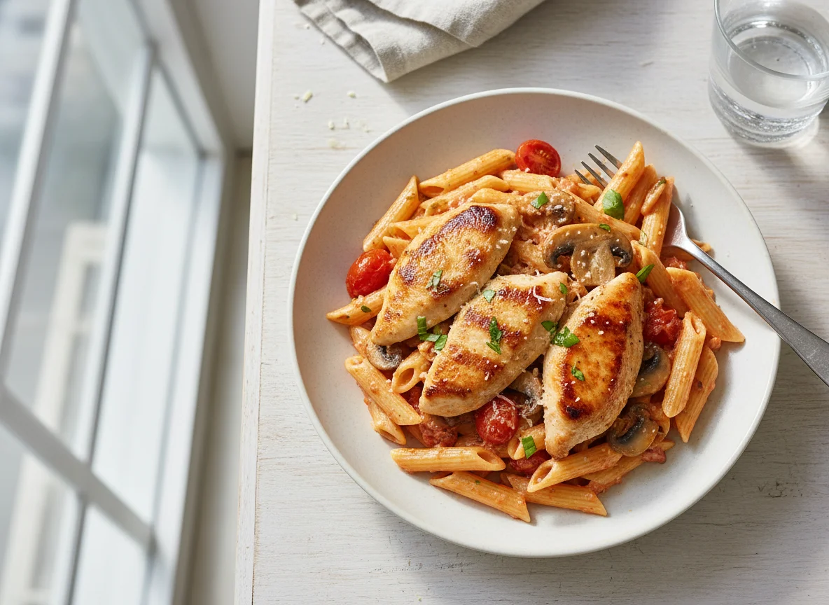 Chicken and Mushroom Penne Pasta in Tomato Cream Sauce photo