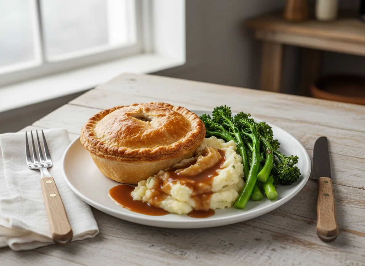 Chicken and Mushroom Pie with Mash and Tenderstem Broccoli photo