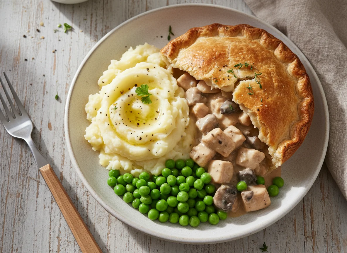 Chicken and Mushroom Pie with Mashed Potato and Peas photo