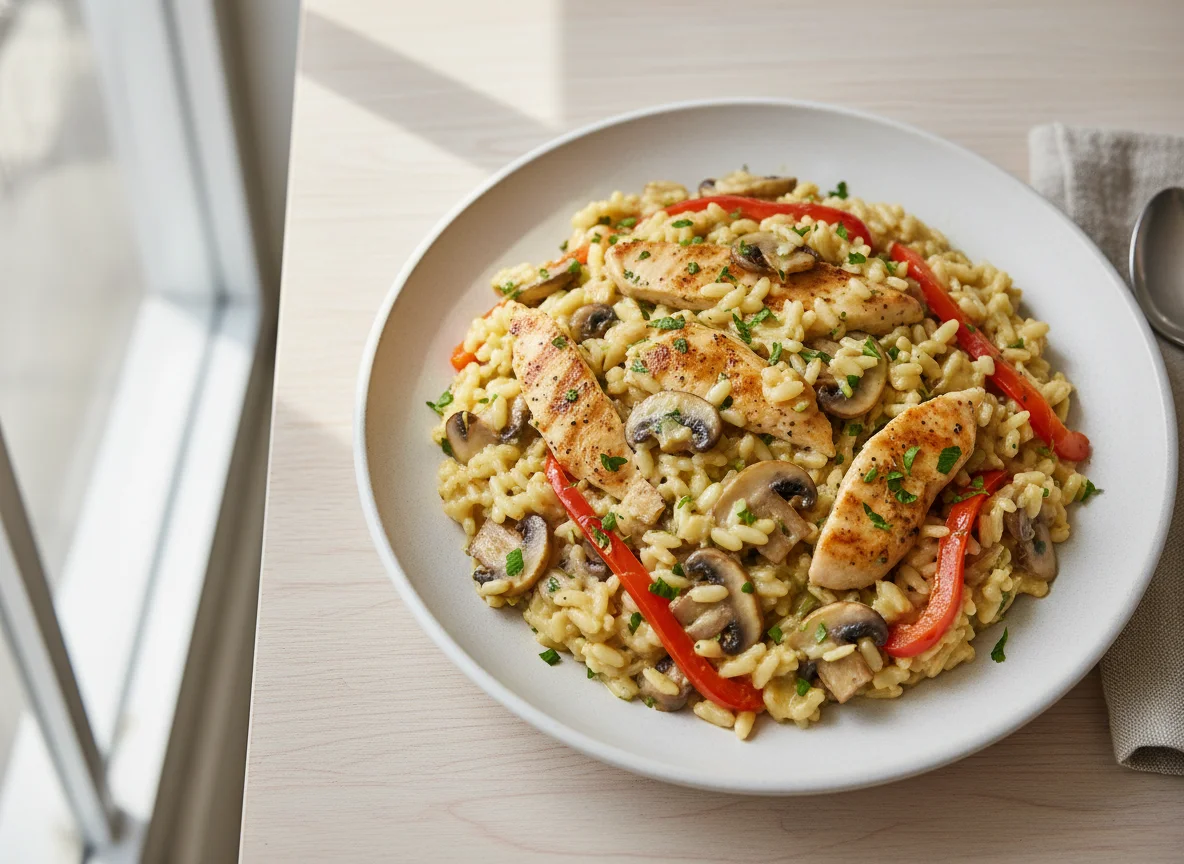 Chicken and Mushroom Risotto with Red Peppers photo