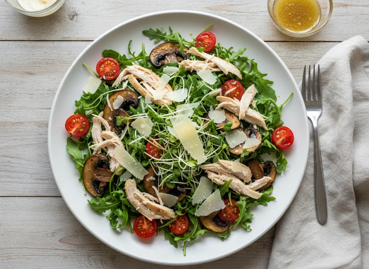 Chicken and Mushroom Salad with Arugula and Sprouts photo