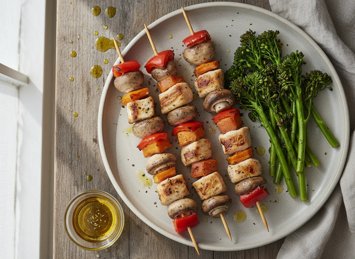 Chicken and Mushroom Skewers with Sweet Potato and Broccolini photo