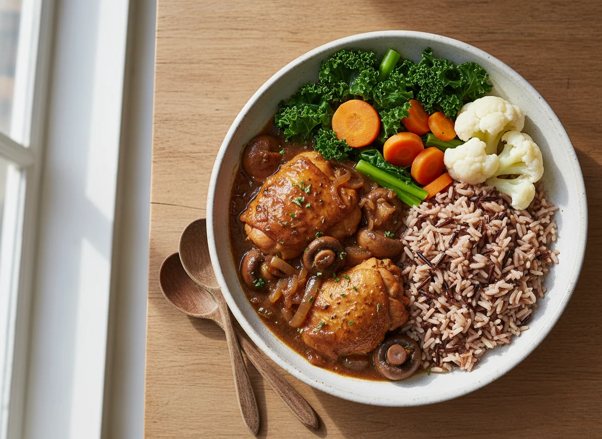 Chicken and Mushroom Stew with Mixed Rice and Vegetables photo