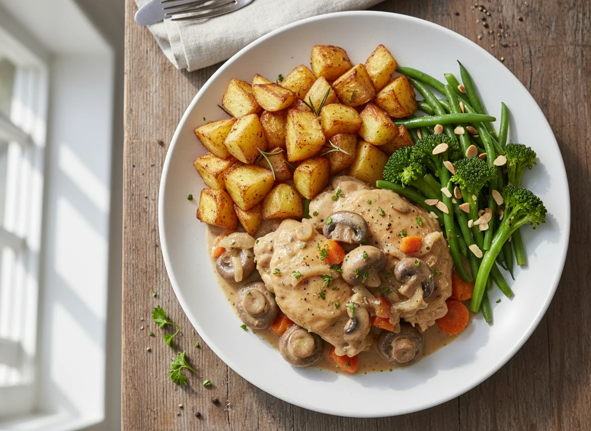 Chicken and Mushroom Stew with Roast Potatoes and Green Vegetables photo