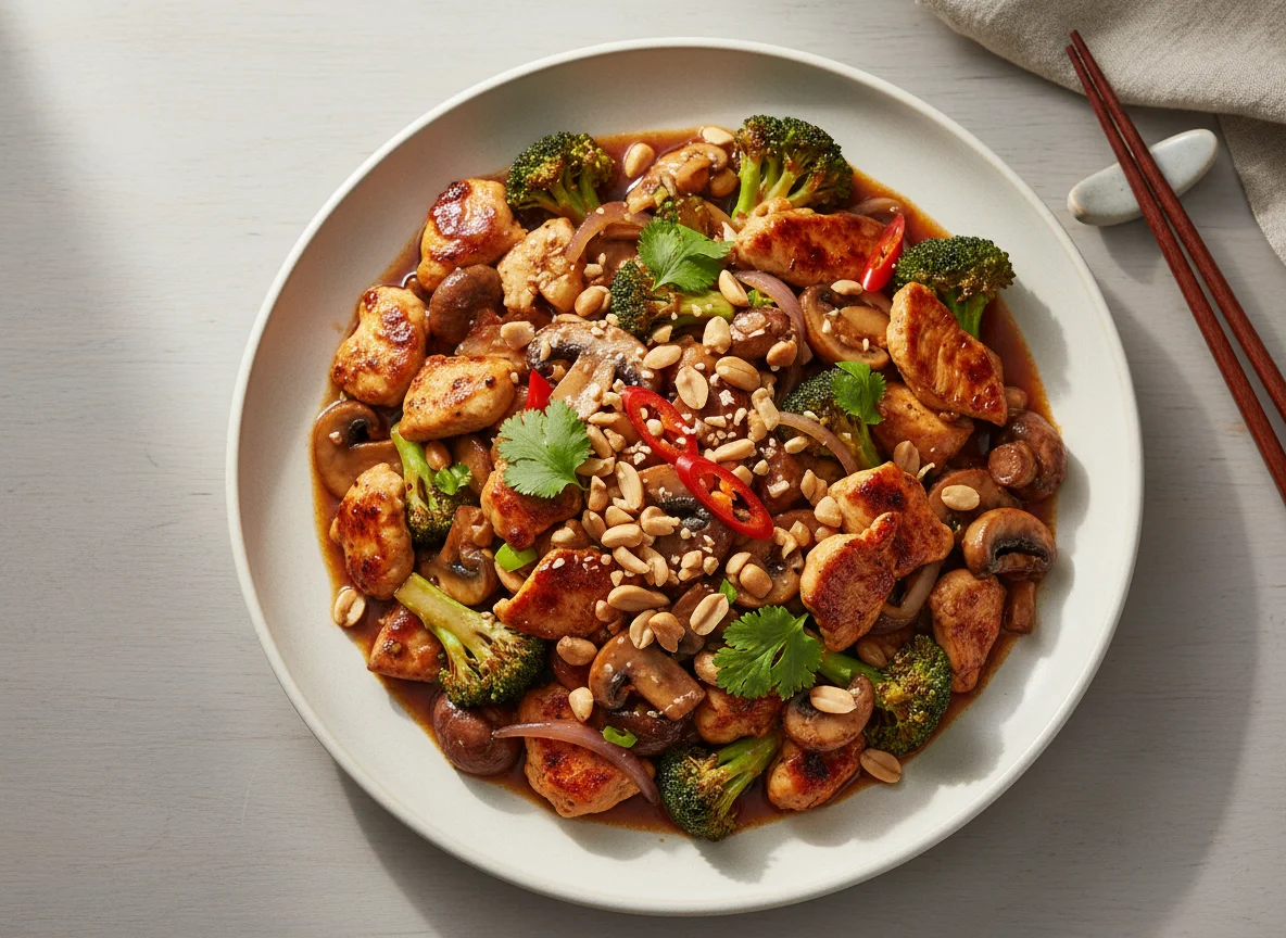 Chicken and Mushroom Stir-fry with Broccoli and Peanuts photo
