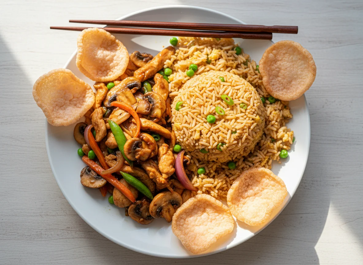 Chicken and Mushroom Stir-fry with Fried Rice and Prawn Crackers photo