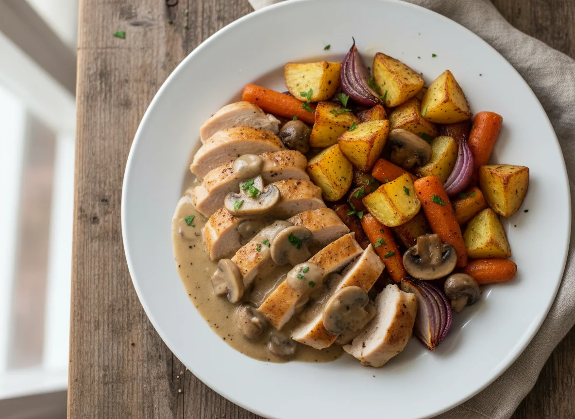 Chicken and Mushroom with Roasted Potatoes and Carrots photo