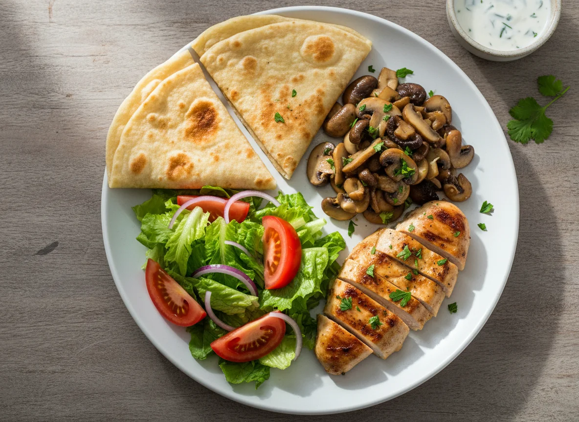 Chicken and Mushroom with Roti and Salad photo