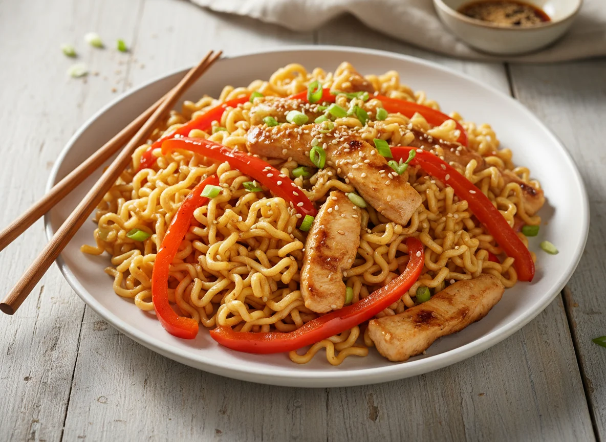 Chicken and Noodle Stir-fry with Bell Peppers photo