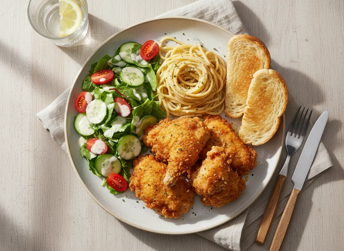 Chicken and Noodles with Salad and Toast photo